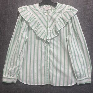 Ann Taylor LOFT Top Womens L Green White Ruffle Embroidered Boho Cottagecore Y2K